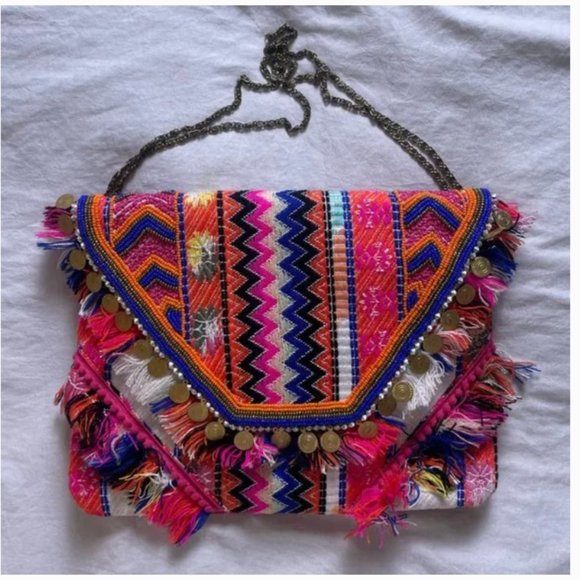 ⭐️ Envelope Tassel Fringe Embroidered Aztec Coin Chic Print Shoulder Bag Purse - Picture 2 of 7